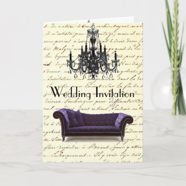 Invitation vintage scripts paris chandelier mariage (Devant)