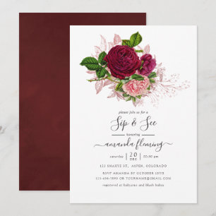 Invitation Vintage Shabby-Chic Rose et Bourgogne Sip and See