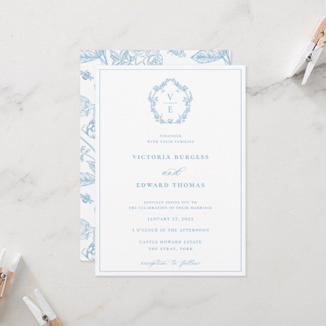 Invitation Vintage Sky Blue Crest Monogramme Mariage (Devant/Arrière en situation)