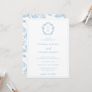 Invitation Vintage Sky Blue Crest Monogramme Mariage