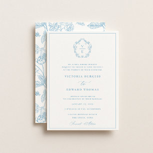 Invitation Vintage Sky Blue Crest Monogramme Mariage