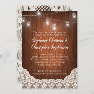 Invitation Vintage String Lights Mason Jar Lace Mariage en bo