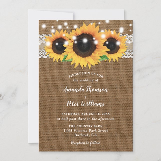 Invitation Vintage Sunflower Burlap Dentelle mariage Invitati (Devant)