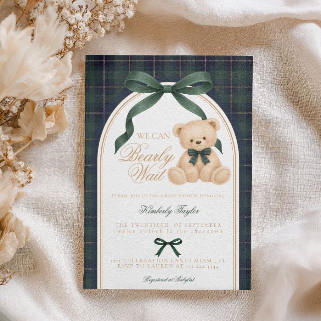 Invitation Vintage Teddy Bear Green Plaid Polo Baby Shower (Créateur téléchargé)
