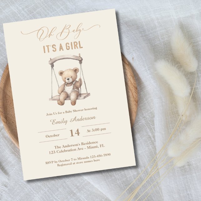 Invitation Vintage Teddy Bear Script Baby shower fille (Créateur téléchargé)