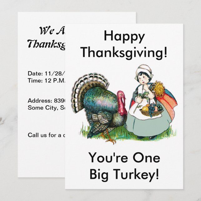 Invitation Vintage Thanksgiving One Big Turkey Dinner, ZPR (Devant / Derrière)