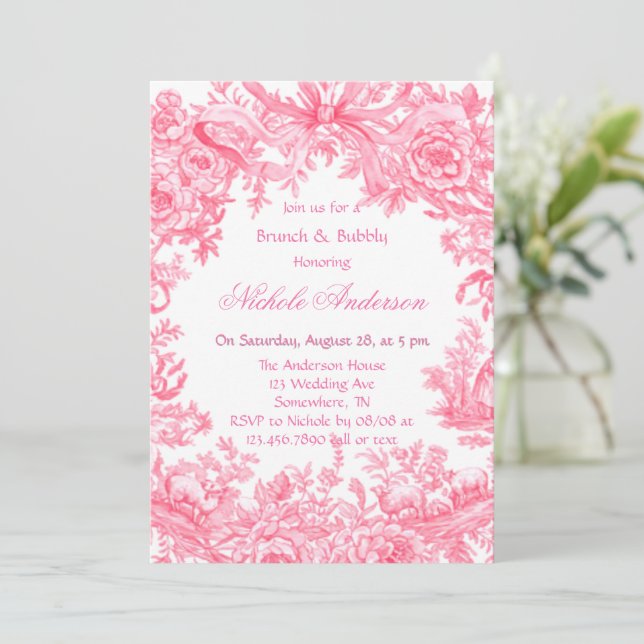 Invitation Vintage Toile rose Brunch & Bubbly (Debout devant)