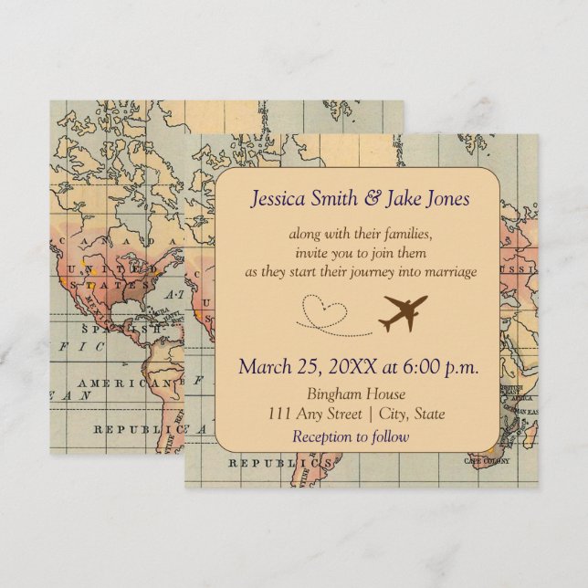 Invitation Vintage, Travel Themed Wedding Invite (Devant / Derrière)