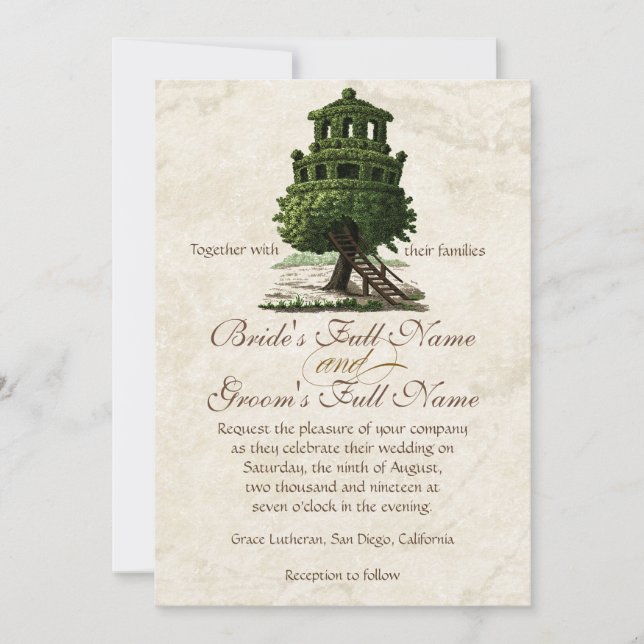 Invitation Vintage Tree House Amusant Parchemin ancien Mariag (Devant)