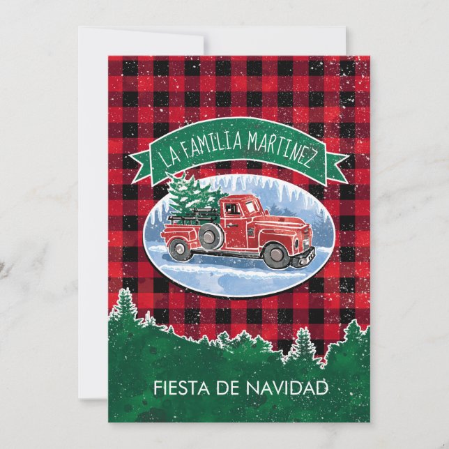 Invitation Vintage Truck Plaid Spanish Christmas (Devant)