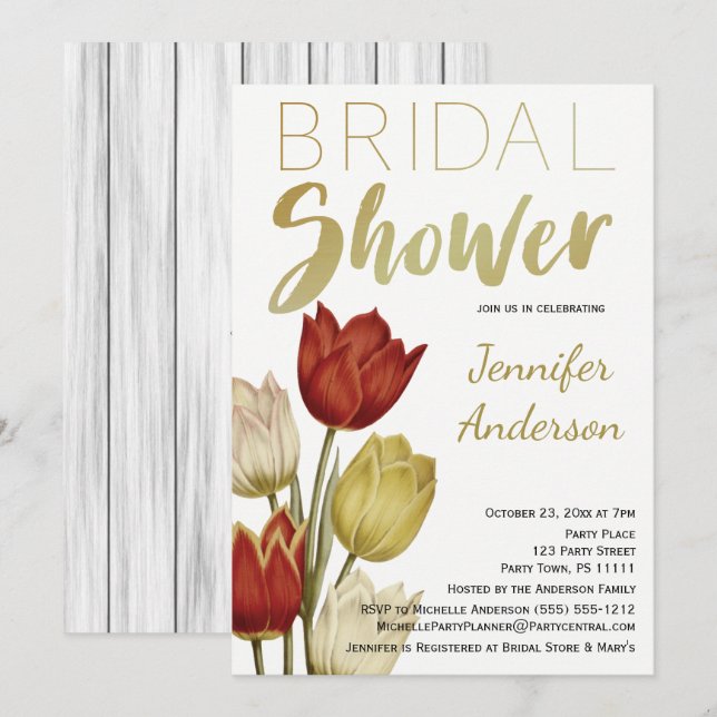 Invitation Vintage Tulip Red White Gold Fête des mariées (Devant / Derrière)