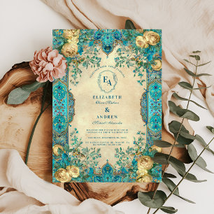 Invitation Vintage Turquoise et or Mariage d'arc Floral