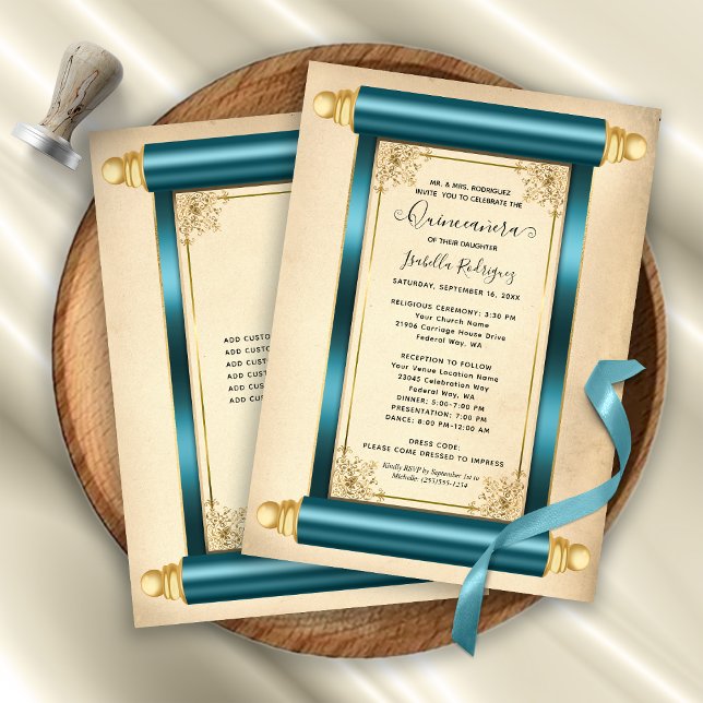 Invitation Vintage Turquoise or Scroll Elegant Quinceañera (Vintage Teal Gold Scroll Elegant Quinceañera Invitation)