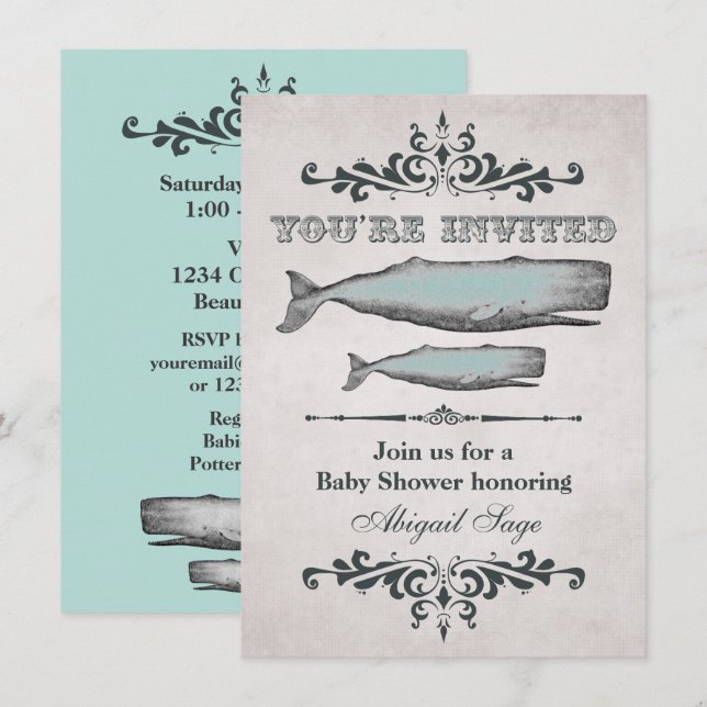 Invitation Vintage Victorian Beach Whale Baby shower Invitati (Devant / Derrière)