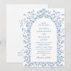 Invitation Vintage Victorian Floral Dusty Blue Sketch Mariage