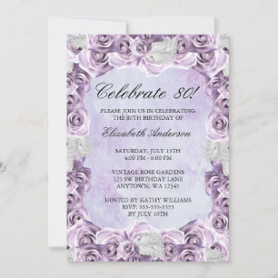 Invitation Vintage violet Roses et plumes 80e anniversaire