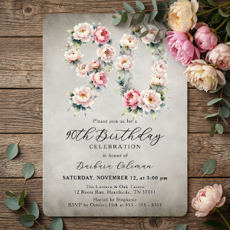 Invitation Vintage Watercolor Pink Peonies 90th Birthday