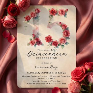 Invitation Vintage Watercolor Red Pink Rose Quinceañera