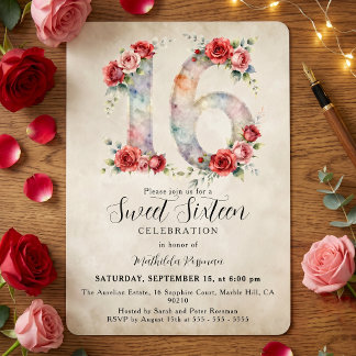 Invitation Vintage Watercolor Red Pink Roses Sweet 16