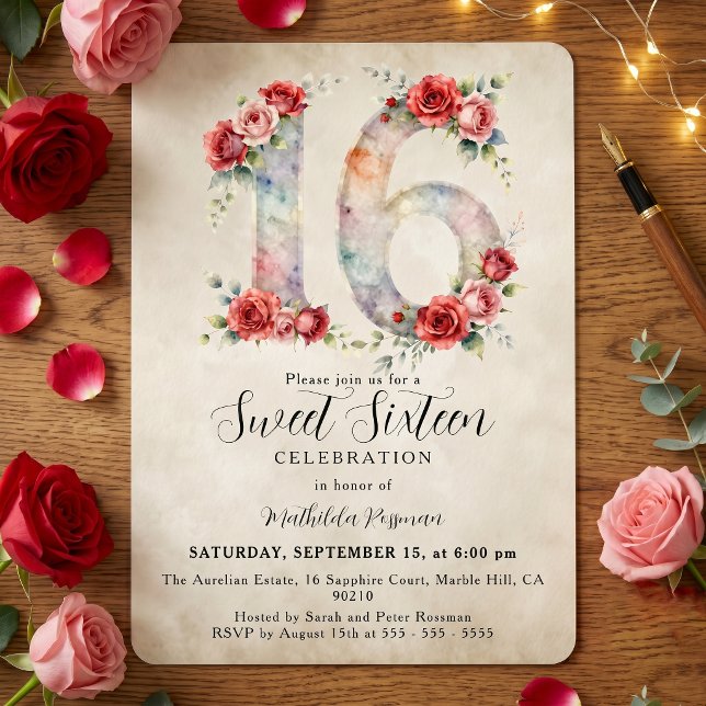 Invitation Vintage Watercolor Red Pink Roses Sweet 16 (Créateur téléchargé)
