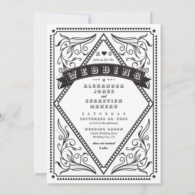 Invitation Vintage Western Pays QR Code Rustique Mariage (Devant)