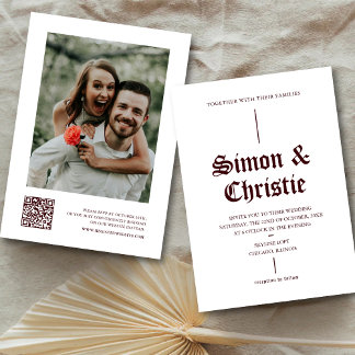 Invitation Vintage White Burgundy Photo QR Code Wedding