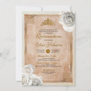 Invitation Vintage White & Gold Roses Royal Quinceanera