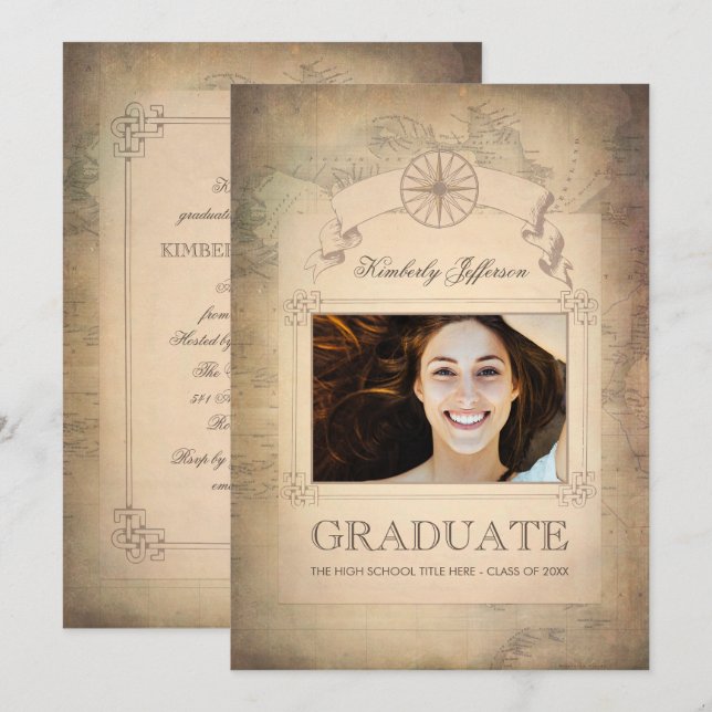 Invitation Vintage World Travel Map Graduation Party (Devant / Derrière)