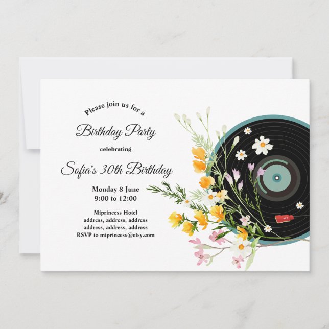 Invitation Vinyl Record, Oldies Musique rustique, fleurs, (Devant)