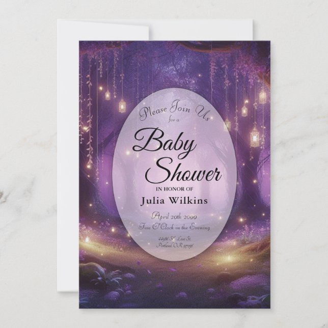 Invitation Violet à minuit Baby shower forestier enchanté (Devant)