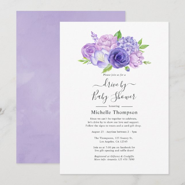 Invitation Violet Aquarelle Floral Drive Par Douche (Devant / Derrière)
