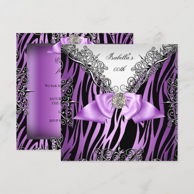 Invitation Violet Argent Blanc Noir Zèbre fête d'anniversaire (Devant / Derrière)