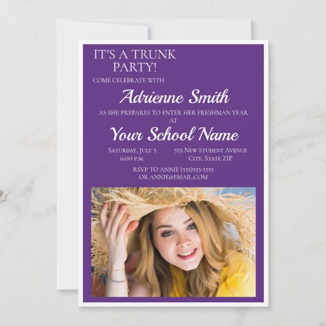 Invitation Violet blanc Trunk College Party Photo (Devant)