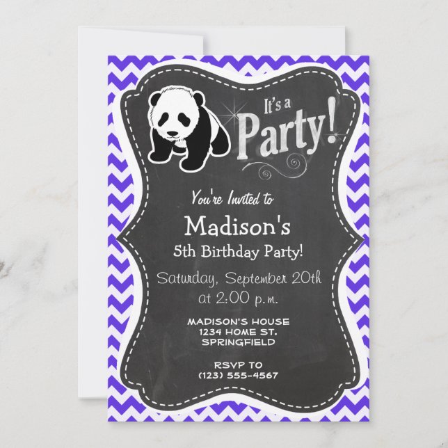 Invitation Violet bleu Chevron; Panda (Devant)