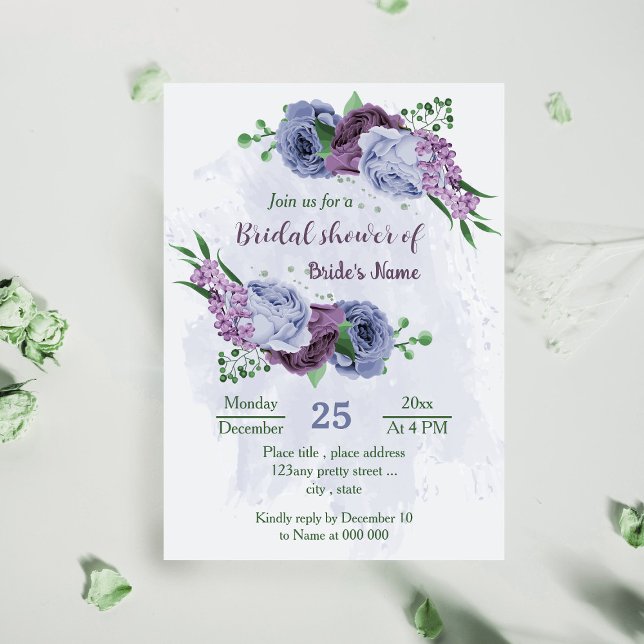 Invitation Violet bleu foncé fleurs verdure douche nuptiale (Créateur téléchargé)