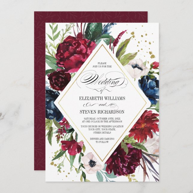 Invitation Violet | Bleu |Mariage d'aquarelle florale de Mars (Devant / Derrière)