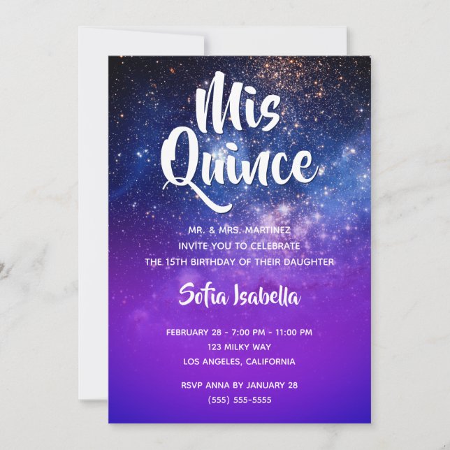 Invitation Violet Bleu Ombre Photo Cosmique Mis Quince Annive (Devant)