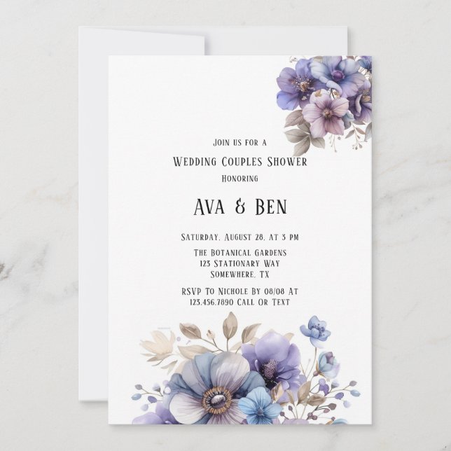 Invitation Violet bleu peint Floral Mariage Couples Douche (Devant)