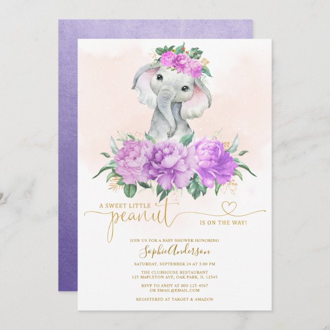 Invitation Violet bleu vert floral baby shower éléphant (Devant / Derrière)