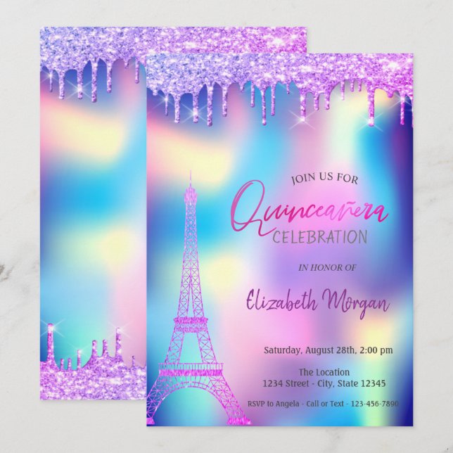 Invitation Violet chute tour Eiffel Holographique Quinceanera (Devant / Derrière)