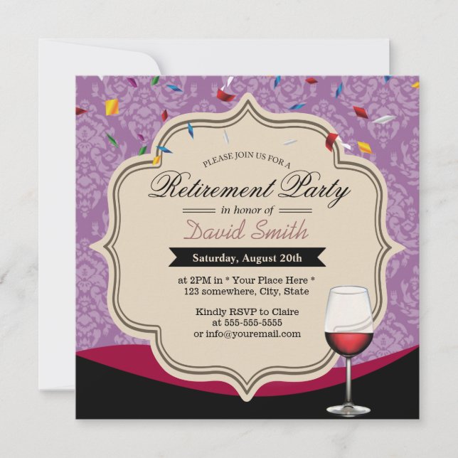 Invitation Violet Damask Red Wine Theme Retirement Party (Devant)