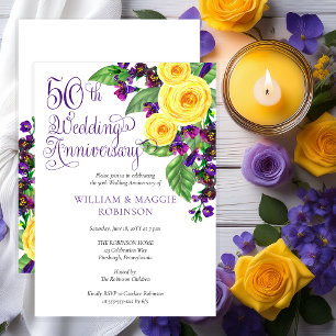 Invitation Violet de Roses Jaunes 50ème Mariage fête d'annive
