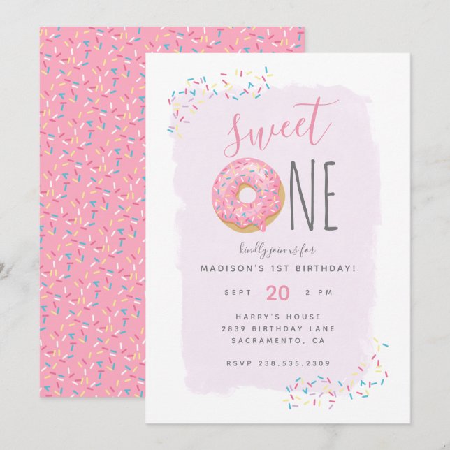Invitation Violet | Doughnut rose saupoudrer doux 1er anniver (Devant / Derrière)