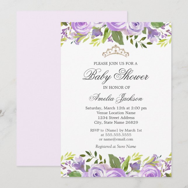 Invitation violet Elegant Aquarelle Baby shower Floral (Devant / Derrière)