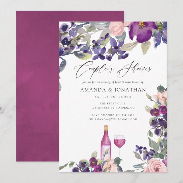 Invitation Violet et Plum Floral Couples Douche Dégustation d (Devant / Derrière)