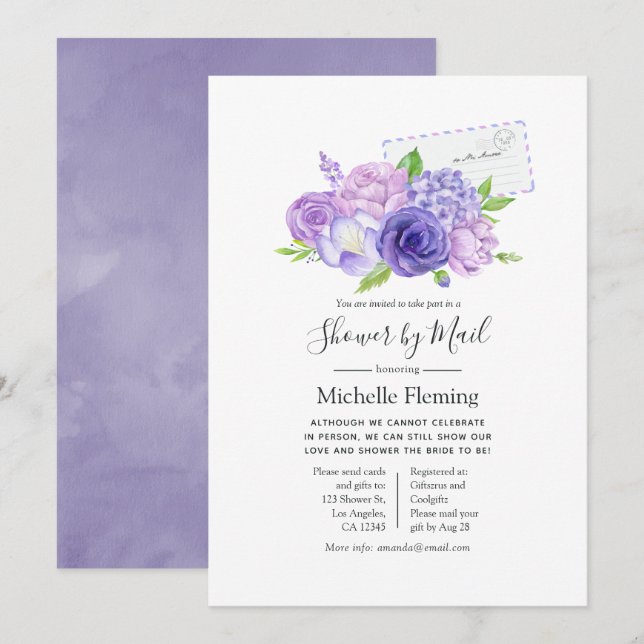 Invitation Violet Floral Bridal ou Baby shower par la poste (Devant / Derrière)