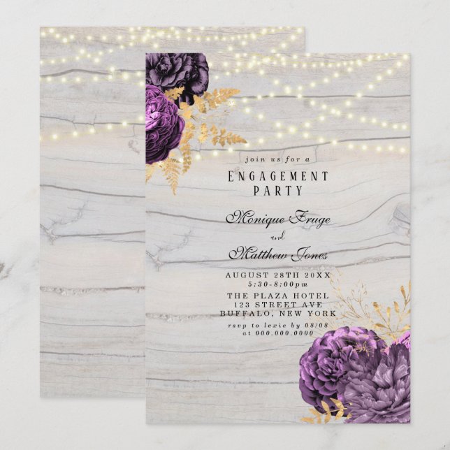 Invitation Violet Floral Chaîne de bois Lumières d'engagement (Devant / Derrière)