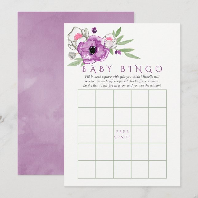Invitation Violet floral et Baby shower d'âge Bingo bébé (Devant / Derrière)