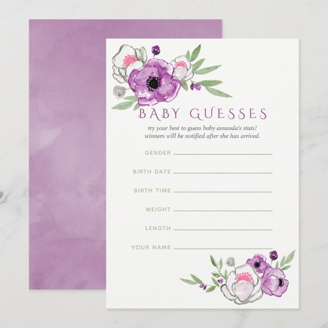 Invitation Violet floral et Baby shower de l'âge Guesses de b (Devant / Derrière)