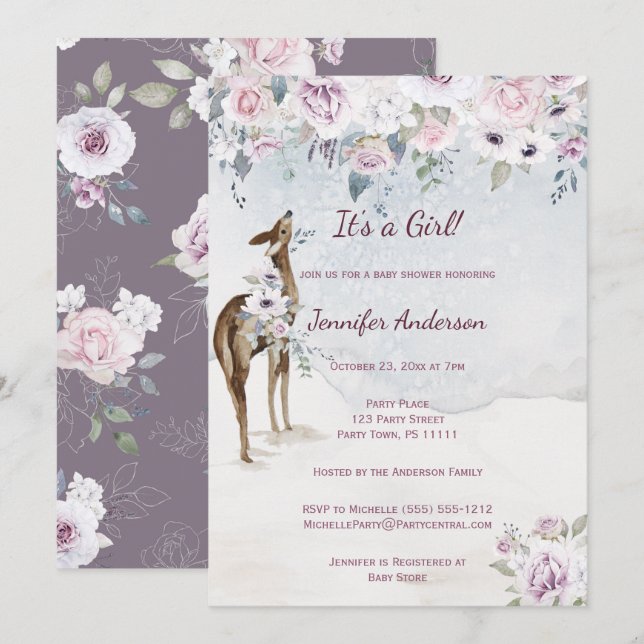 Invitation Violet Floral Rose Deer Girl Baby shower (Devant / Derrière)